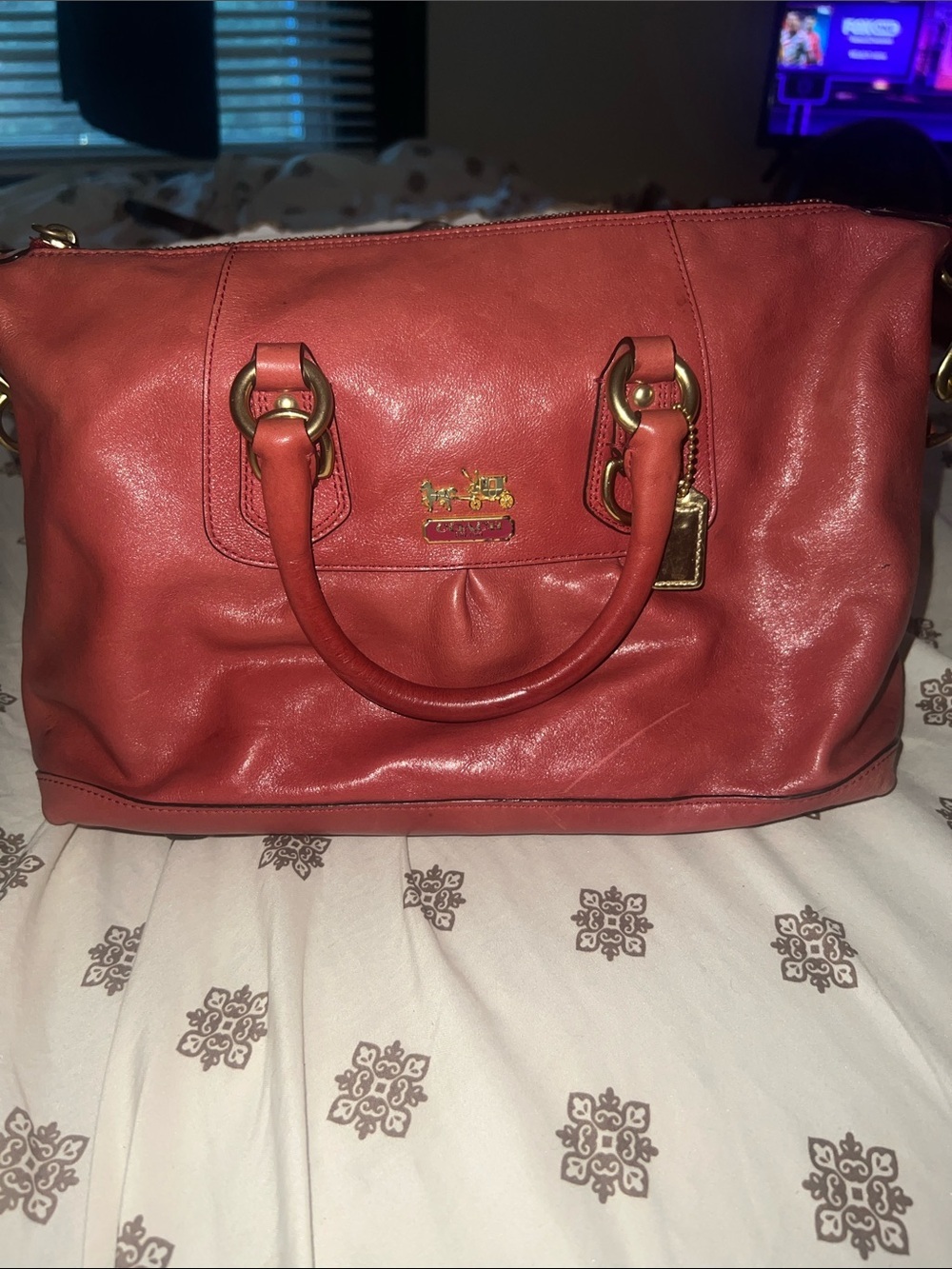 Coach Coral-Red Leather Satchel with Gold Accents